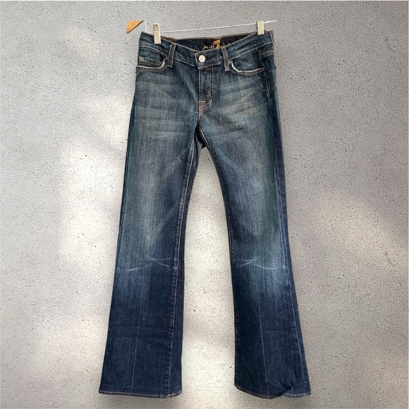7 for all Mankind Jeans Womens Size27 Yellow Pocket Dark Blue Distressed Bootcut - Picture 1 of 9